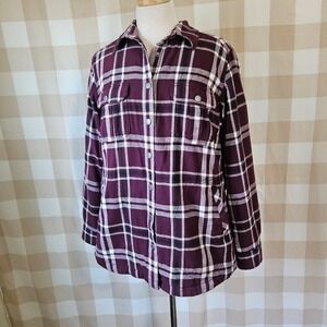 Duluth Trading Co Plaid Flannel Fleece Lined Shirt Jacket Burgundy White Size M